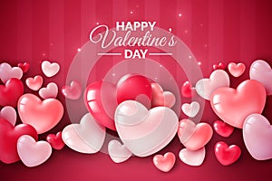 Valentines day 3d hearts. Cute love banner, romantic greeting card happy valentines day wishes text, red heart balloons