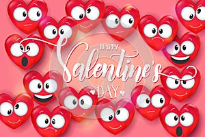 Valentines day 3d Love Emoji on pink background. Heart funny collection. Happy Valentine\'s Day - handwritten lettering