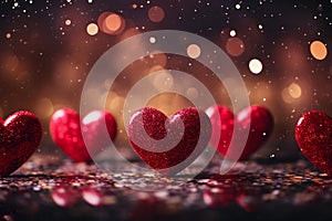 Valentines day abstract background with red hearts blurry lights in 3D rendering