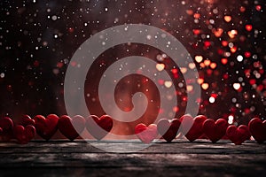 Valentines day abstract background with red hearts blurry lights in 3D rendering