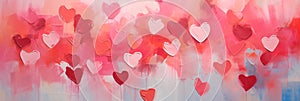 Valentines day abstract hearts background banner, art painting texture, acrylic brushstroke. Panoramic web header with