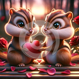 Valentines Day Adorable Lovable Chipmunks Couple Small Animals Forest Woodland Critters Winter Canada AI Generated