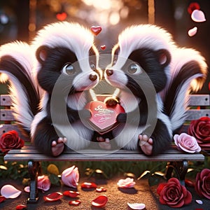 Valentines Day Adorable Lovable Skunks Couple Small Animals Forest Woodland Critters Winter Canada AI Generated