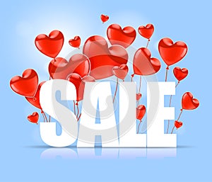 Valentines Day. Advertising sales. White SALE word on a background of red balloons in the shape of a heart. Vector illustration