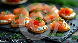 Valentines day Amorous Appetizer, Heart-Shaped Smoked Salmon Blinis with Dill and Cream Cheese on a Sleek Slate Serving