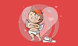 Valentines day amour red. Vector illustration of an offended cupid. Can be used by 14 february on postcard, any print or web.