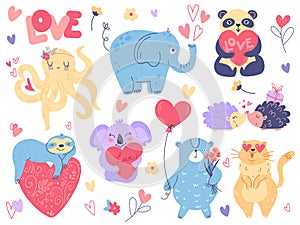 Valentines day animals. Cute kids animals with hearts, funny characters in love, elephant, octopus and sloth, hedgehogs