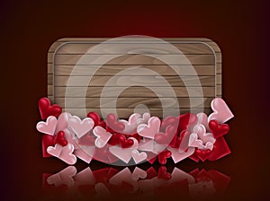 Valentines Day background with 3d pink and red hearts and wooden sign. Love background design concept. Romantic invitation or sale