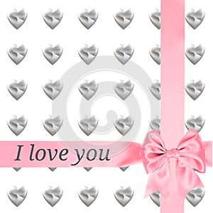 Valentines day background card ribbon with bow gift hearts text I love you