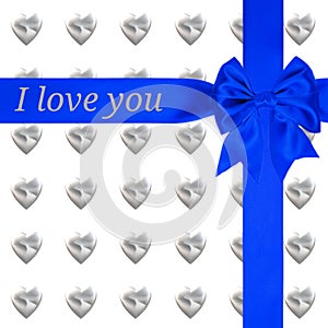 Valentines day background card ribbon with bow gift hearts text I love you