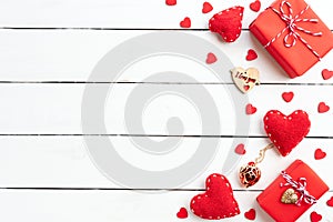 Valentines day background concept. Top view of Red gift box with handmade red heart