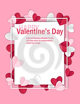 Valentines day background with copy space, vector illustration. 3d red, pink, white colors hearts on pink background