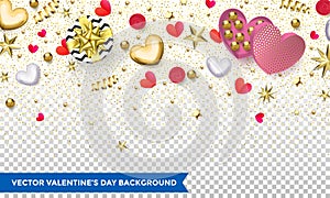 Valentines day background design of hearts and gold glitter confetti or flower pattern for holiday. Vector Valentine poster of gli