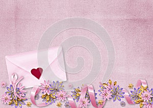 Valentines day background with envelope with heart and silk flowers. Valentine`s day card