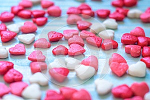 Valentines Day background with Fabric valentine heart on grunge wood table.Retro filter