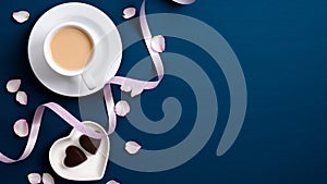 Valentines Day background. Flatlay composition with coffee cup, roses petals, heart shaped candy on dark blue. Top view. Love and