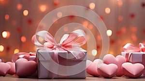 Valentines day background, gift box and pink hearts, bokeh lights