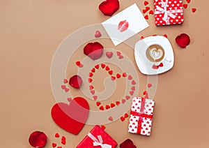 Valentines Day background. Gifts, hearts confetti, lips,