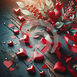 Valentines Day Background Graced by an Array of Elegant Red Hearts. Generative ai for illustrations photo