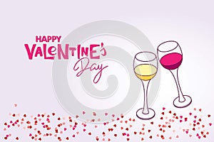 Valentines Day background. Happy Valentines Day Hand written lettering and two glasses with wine. Pink Vector background to