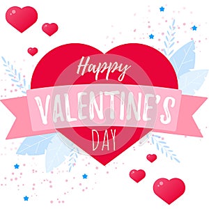 Valentines day background with hearts, leafs and typography of happy valentines day text . Vector illustration.