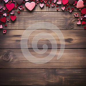 Valentines day background with hearts on old wooden planks