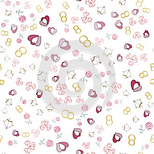 Valentines day background with hearts, wedding rings, roses