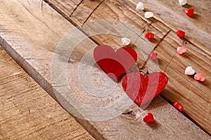 Valentines day background. hearts on wooden table