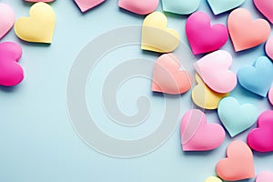 Valentines Day background with many small paper hearts in pastel colors