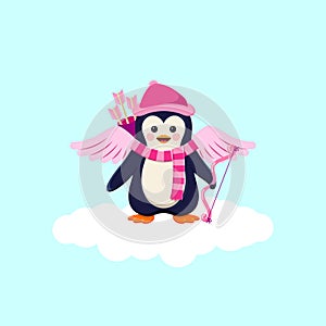 Valentines Day Background With Penquin Cupid On White Cloud