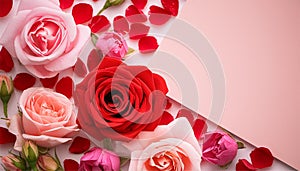 Valentines day background with pink rose and paper card, top view. Generated AI