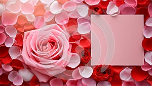 Valentines day background with pink rose and paper card, top view. Generated AI