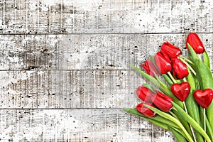 Valentines Day background. Red hearts tulip flowers decoration