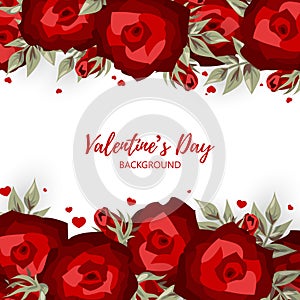 Valentines Day background of red rose frame and tiny heart on white background with copy space.