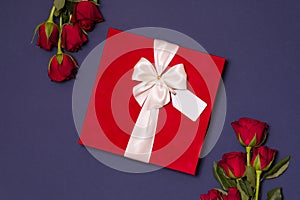 Valentines day background, romantic seamless blue background,red rose bouquet,ribbon,gift tag,gift