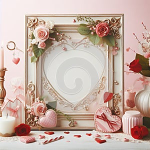 Valentines day background with roses, hearts and gift, frame text.