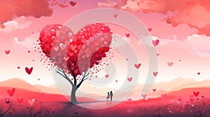 valentines day background - silhouette of couple in love near tree with hearts as leaves, neural network generated image