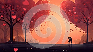 valentines day background - silhouette of couple in love among trees with hearts as leaves, neural network generated