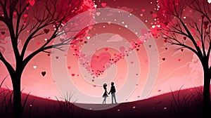 valentines day background - silhouette of couple in love among trees with hearts as leaves, neural network generated