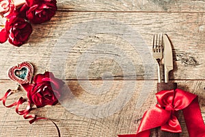 Valentines day background. Valentines day table place setting Wooden table with copy space