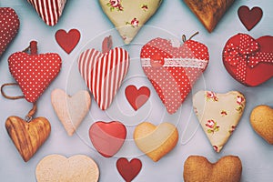 Valentines day background. Various of wooden and fabric hearts