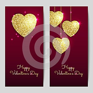 Valentines day backgrounds with gold hearts. Shining glitter textured valentines.