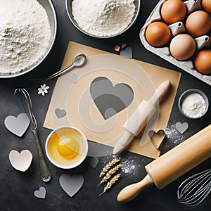 Valentines Day Baking Background with Flour, Rolling Pin, Eggs, and Heart Shape. Generative ai for illustrations