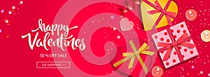 Valentines Day banner. Background design of sparkling lights, realistic gifts box with heart shaped, and confetti