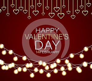 Valentines Day banner background with haning golden 3d hearts and garland lights. Love design concept. Romantic invitation or sale photo