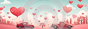 Valentines day banner with car and hearts in cartoon style of retro illustration. Panoramic web header. Wide screen