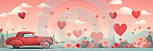 Valentines day banner with car and hearts in cartoon style of retro illustration. Panoramic web header. Wide screen