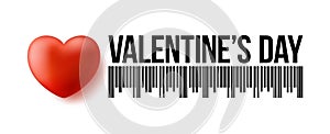 Valentines Day Bar Code with realistic 3d heart. Love valentine day Vector illustration sale concept