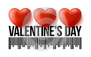 Valentines Day Bar Code with three realistic 3d heart. Love valentine day Vector illustration sale concept