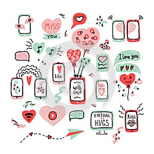 Valentines Day big set doodle icon message Virtual Love. Internet Love, mobile phone, monitor, video, audio, talk, chat